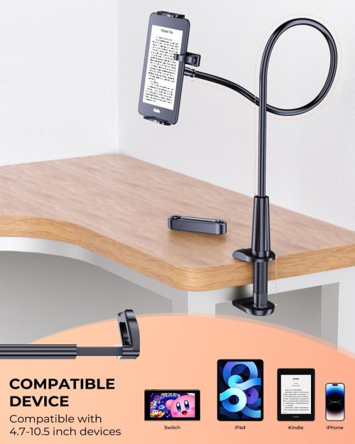 Gooseneck Tablet Holder with Page Turner for Kindle Reading in Bed: Adjustable Desk Bedside Lazy Arm